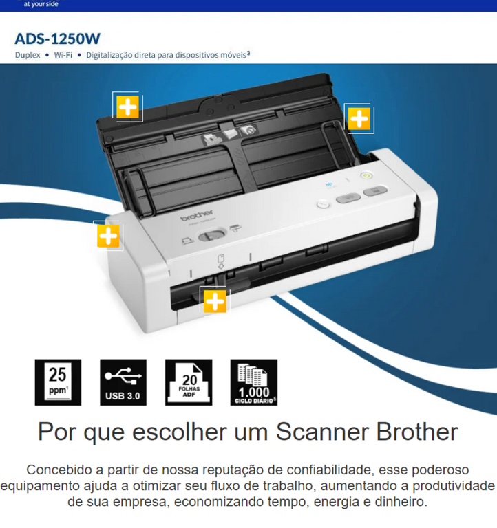 Scanner Portatil Brother ADS-1250W, WI-FI, Usb - Kadri Tecnologia - Pensou  em Informática, Pensou em Kadri!